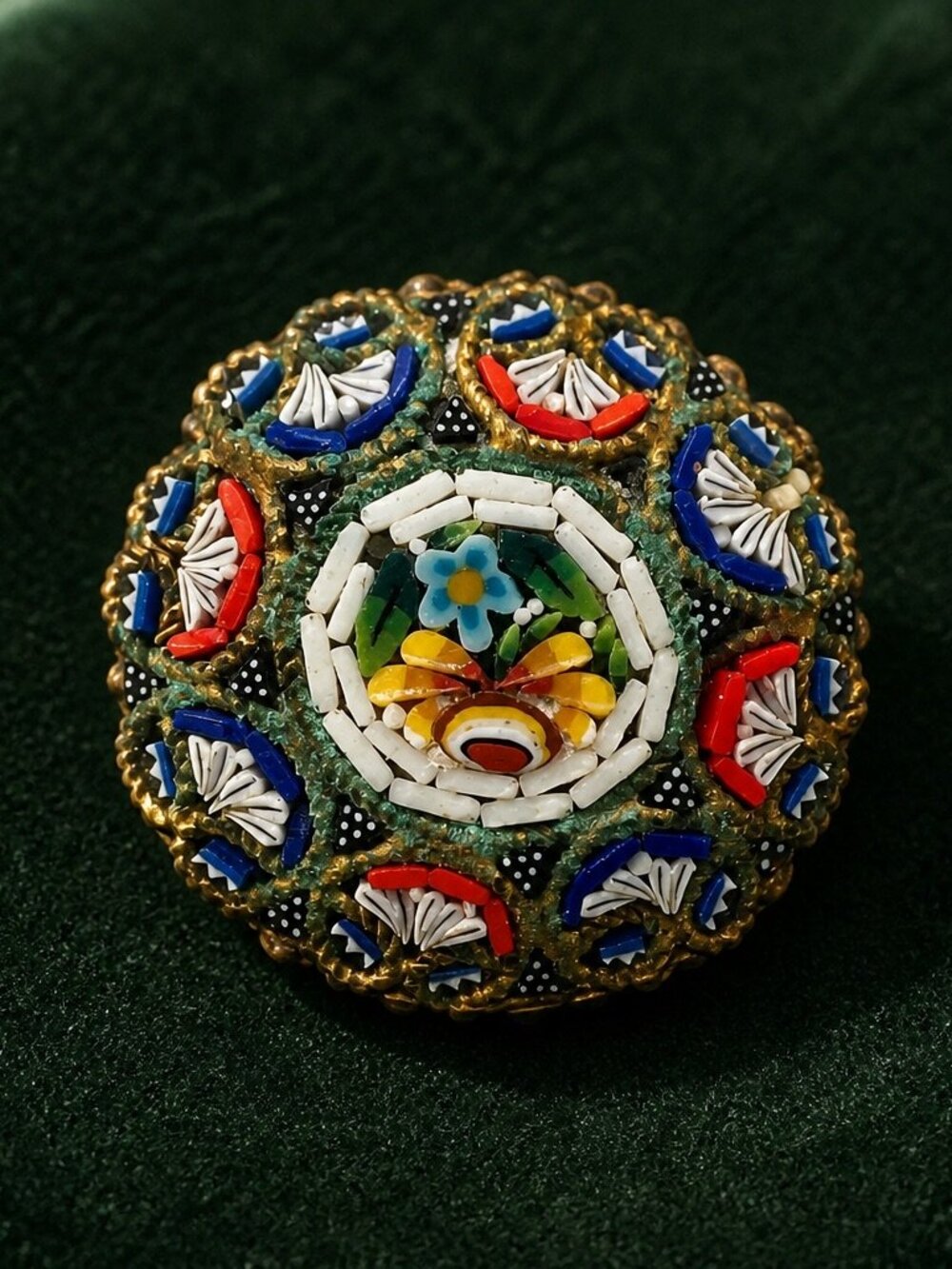 Vintage Italian Micro Mosaic Gold-Tone Round Floral Brooch Pin Handcrafted Decor